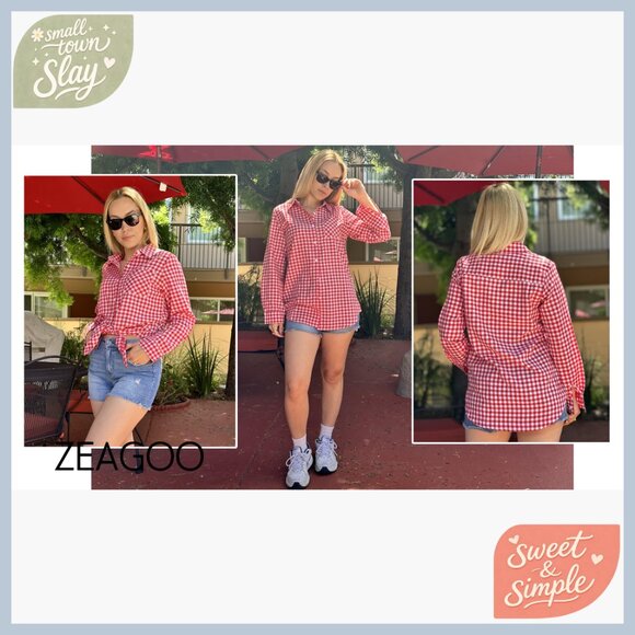 Long Sleeve Plaid Button Down Shirt Regular Fit Polyester Blouse - Picture 7 of 7